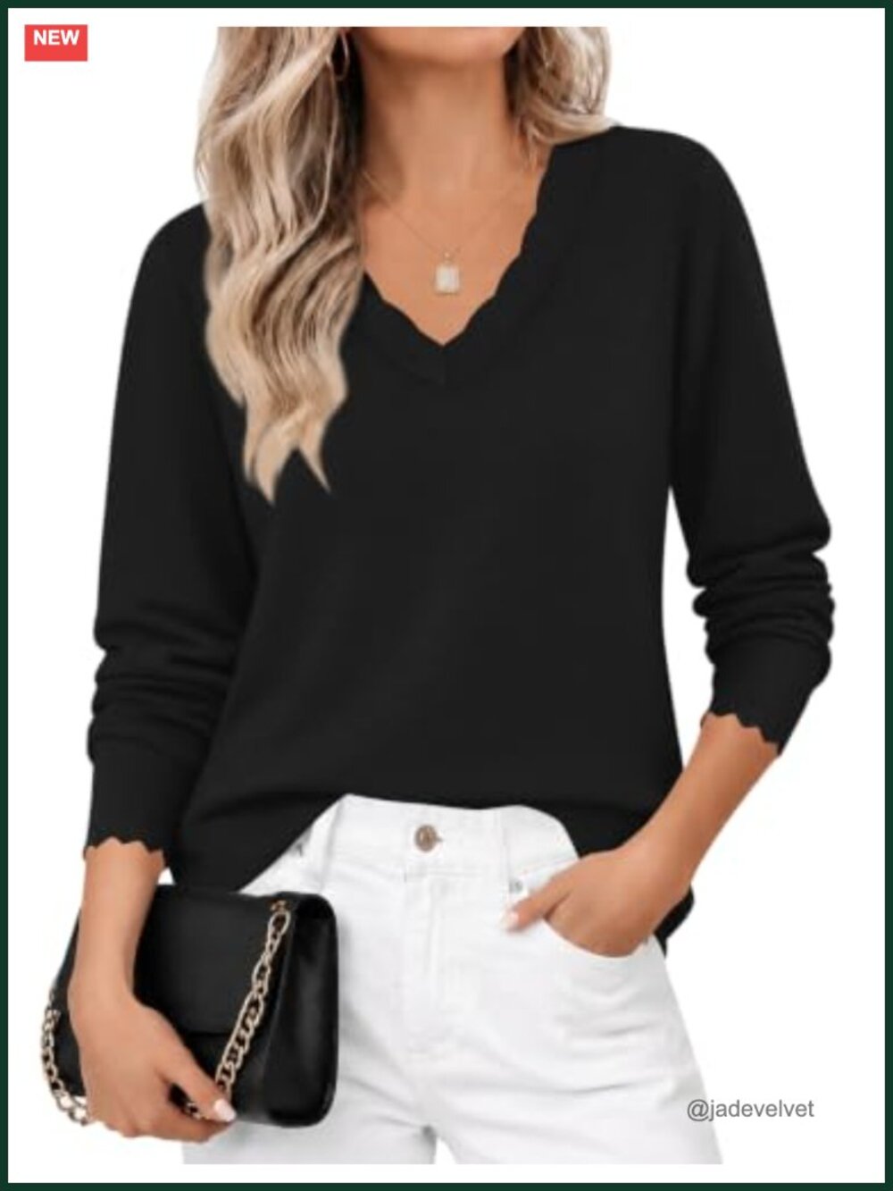 Women Scalloped V Neck Sweater Long Sleeve Loose Knit Pullover Top